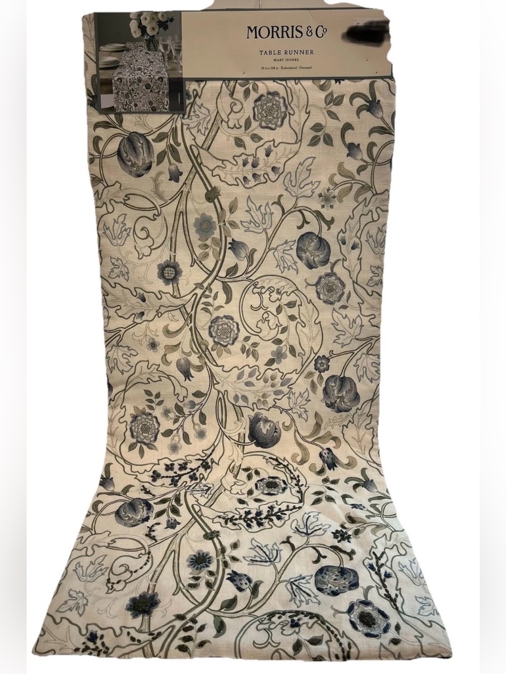 William Morris & Co Mary Isobel Table Runner 18”x 108” Embroidered Floral White